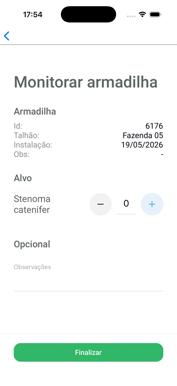 Tela de monitoramento de armadilha com identificação do talhão, data de instalação e contador de capturas de Stenoma catenifer