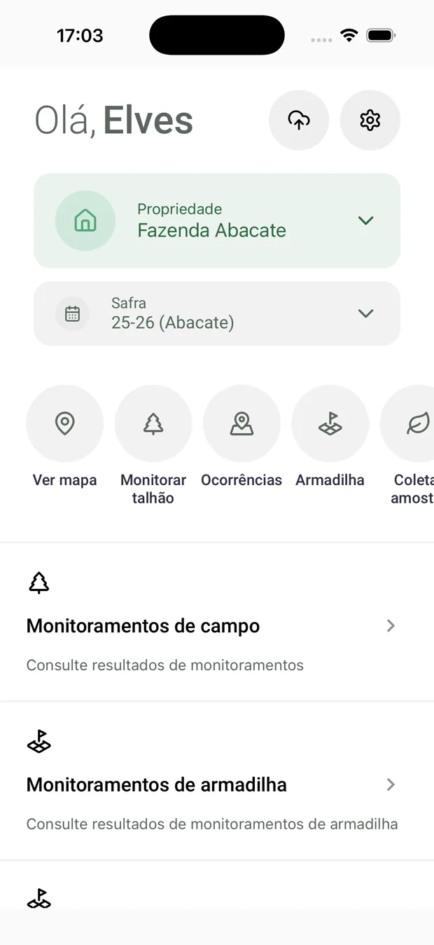 Tela inicial do aplicativo com seletor de propriedade e safra e atalhos para os módulos
