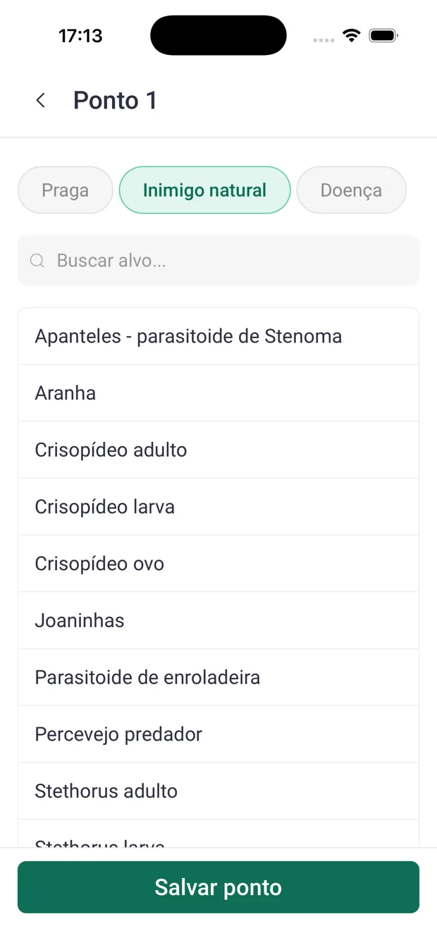 Tela de registro de ponto com as abas Praga, Inimigo natural e Doença e a lista de alvos